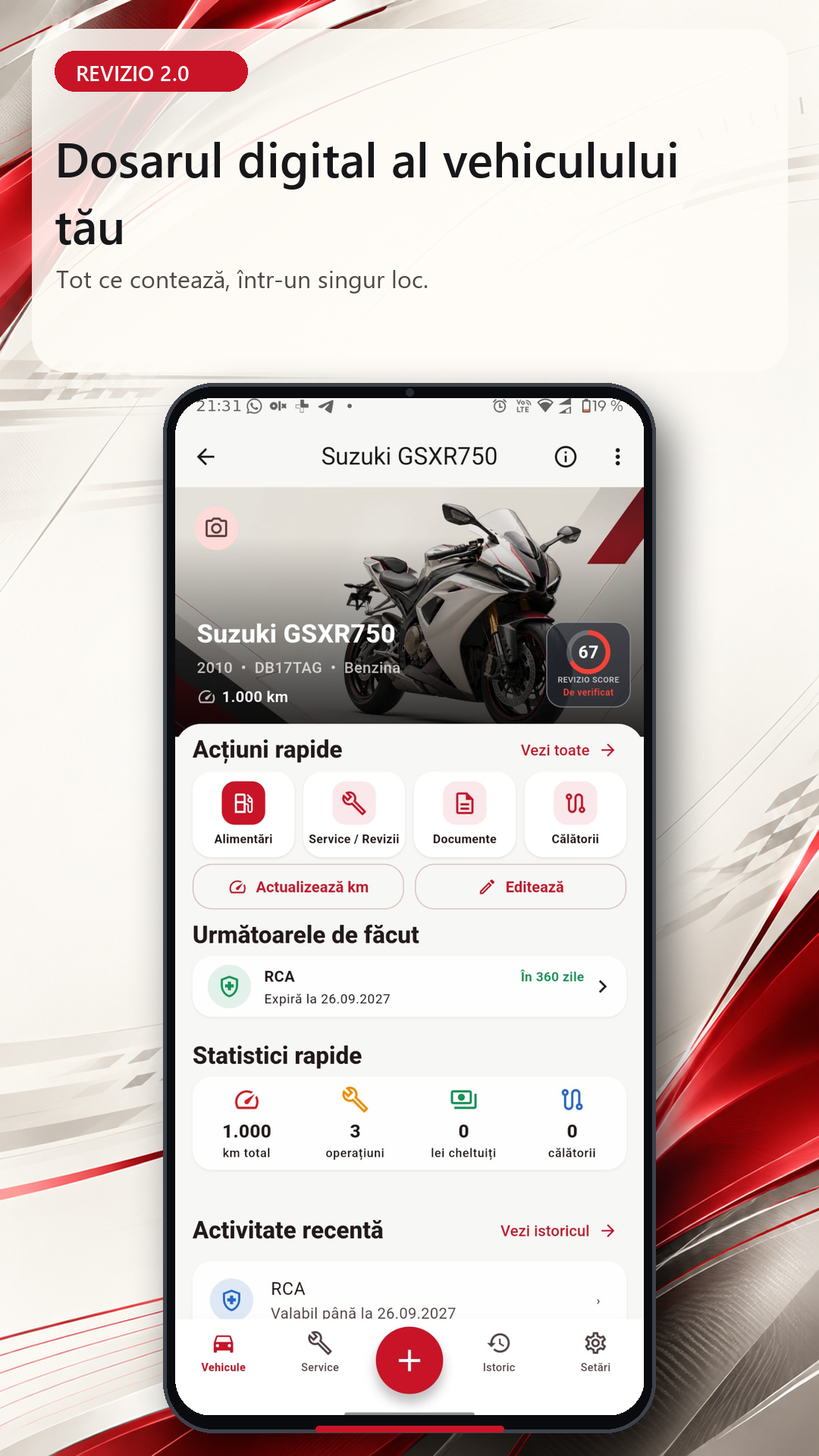 Ecranul principal REVIZIO cu dosarul digital al motocicletei